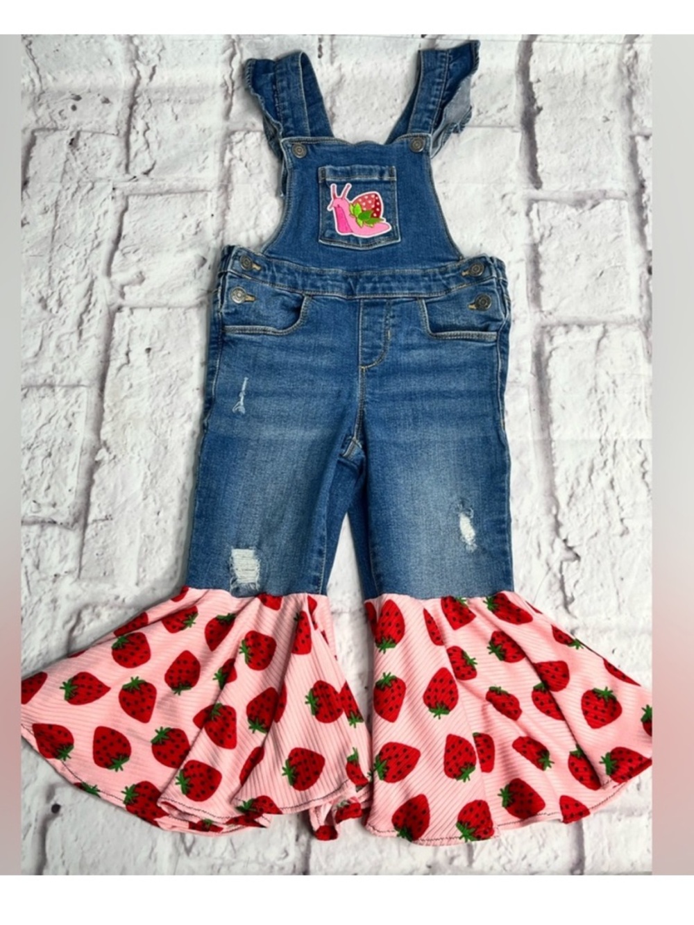 Strawberry Overalls 3T Girls Denim Bell Bottoms Farmcore Flare Jeans